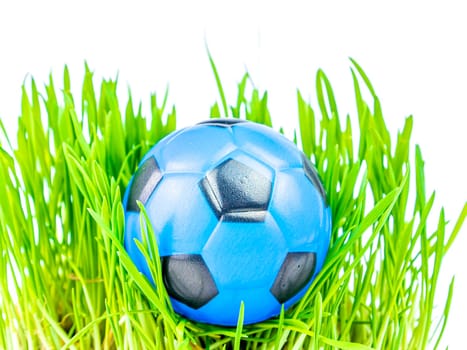 Soccer ball on the green grass of a football field lawn. Sports game. Football. Championship. Europe. Peace. Iesto for the text. Background image. Poster. Template.