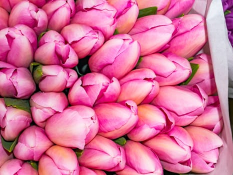 Festive bouquet of flowers of pink tulips for Mother's Day. Mothers Day. Valentine's Day. Birthday. Bridal bouquet. Gift. Place for text. Background image.