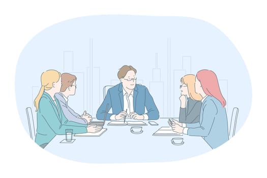Teamwork, negotiations, brainstorming in office concept. Group of Business partners office workers sitting and discussing projects, collaborating making presentations together. Couching, communication