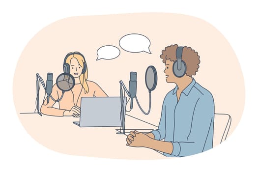 Presenters of morning radio show, professions, job concept. Young smiling man and woman reporters journalists cartoon characters in headphones sitting and recording program in studio. Job specialist