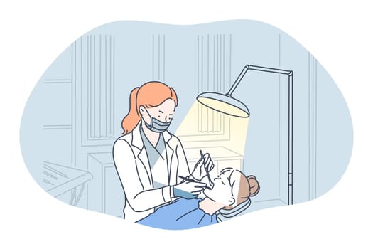 X-ray in medicine and dentistry concept. Woman doctor dentist in medical uniform standing and making x-ray shot of woman patients teeth during visit in clinic vector illustration