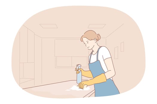 Housewife, cleaning, job career concept. Young woman professional cleaner in apron washing surfaces with special brush and making housework in apartment. Job, specialist, working sphere illustration