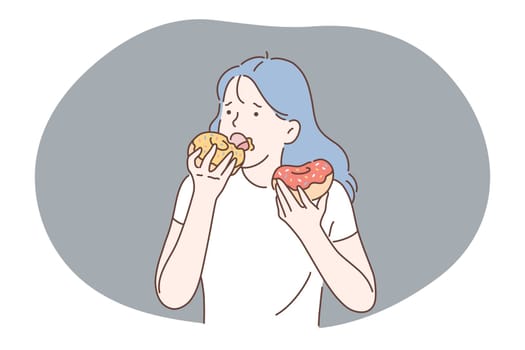 Unhealthy eating, fast and junk food, calories concept. Young stressed girl cartoon character eating fast food sugar fat donuts at home or in cafe. Overweight, snack, lifestyle, harmful eating