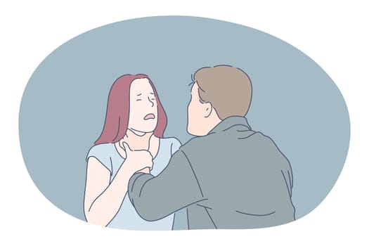 Fighting, Misunderstanding, problems in communication concept. Young angry aggressive man arguing fighting and having problems with mutual understanding with woman trying to choke her illustration