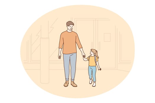 Father and daughter, Fathers day, activities with children concept. Young positive man father holding his small daughter hand and going together outdoors vector illustration