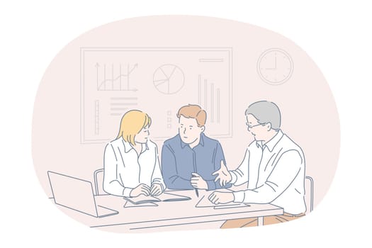 Teamwork, brainstorming, business communication about startup concept. Group of business people coworkers or partners cartoon characters sitting discussing financial development and strategy together