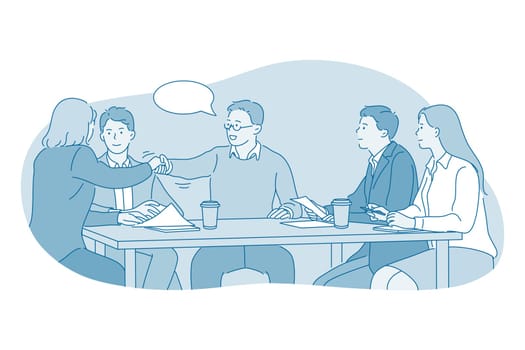 Teamwork, brainstorm, business meeting concept. Young business people office workers partners cartoon characters sitting discussing details of deal, handshaking after negotiation illustration