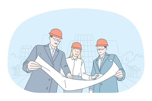 Professions in construction industry, work concept. Young smiling woman and men engineers and construction managers discussing plan of construction together. Job specialist, working sphere