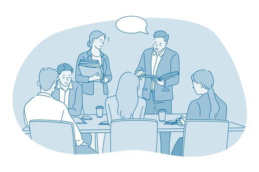 Teamwork, business meeting, brainstorm concept. Young business people office workers partners cartoon characters sitting discussing strategy of development in office together illustration
