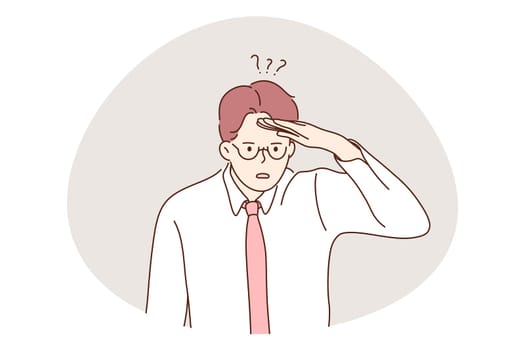 Depression, stress, doubt concept. Young unhappy man office worker standing and trying to look for opportunities on horizon feeling unsure and lack of self confidence vector illustration