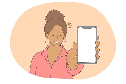 Online communication, smartphone screen concept. Young smiling black woman showing smartphone screen with white mockup for text or lettering vector illustration