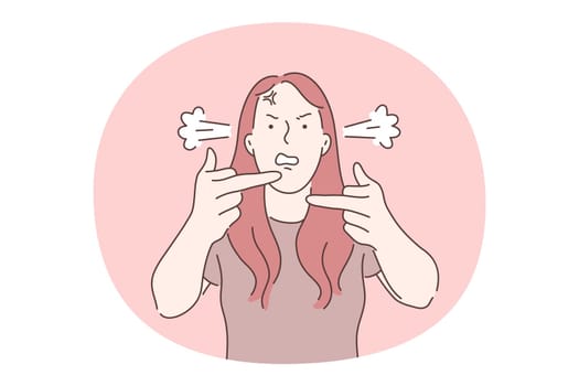 Anger, rage, aggression concept. Young angry furious female cartoon character standing and showing fuck with fingers and feeling angry and aggressive during communication vector illustration