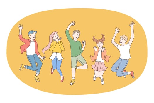 Children, friendship, happiness concept. Group of smiling cheerful children friends jumping together during walk or party celebration. Fun leisure recreation for teens children