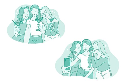 Selfie, smartphone, party vector illustration. Smiling young girls friends drinking cocktails and making selfie on smartphone for sharing in social media. Lifestyle, photo, sharing, stories, online