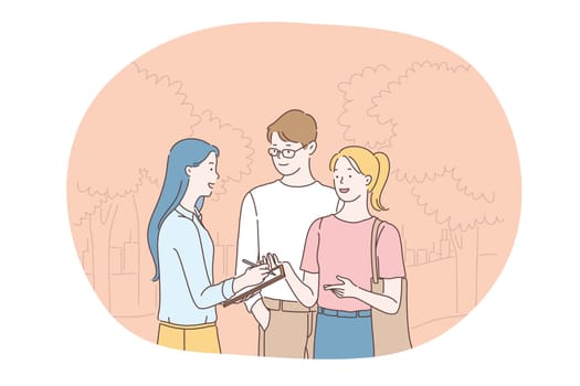 Social poll and survey concept. Young smiling girl cartoon character holding questionnaire list in hands and asking questions young positive couple outdoors on street