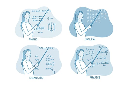 Education, teacher, classroom concept. Young woman teacher of maths english chemistry physics explaining information and pointing at blackboard during lesson in college or university illustration