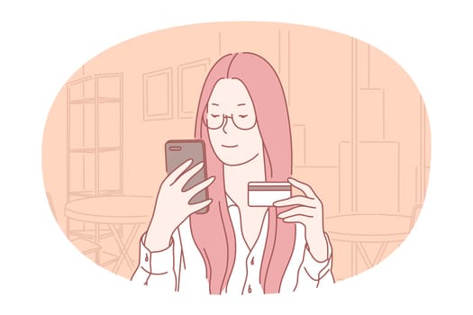 Online payment, electronic transaction, online concept. Smiling woman sitting with smartphone and card and shopping with contactless electronic paying wireless technology from home