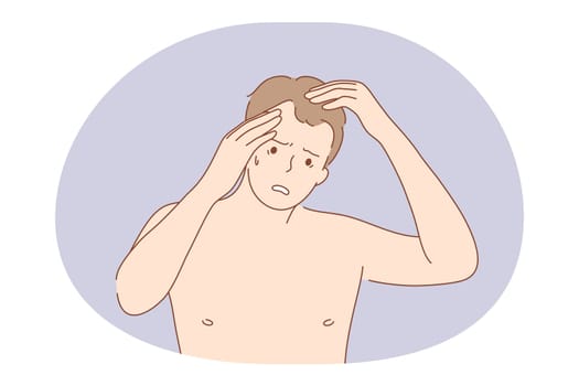 Suffering from pain in muscles, joints, losing hair concept. Young unhappy frustrated man cartoon character standing and touching head, feeling headache or suffering from losing hair