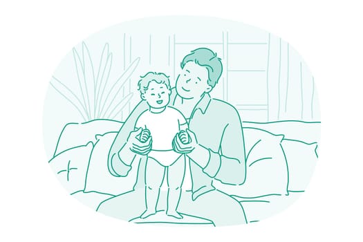 Fathers day, Father and child, activities with children concept. Young positive man father taking care of his little child at home and helping him to stand vector illustration