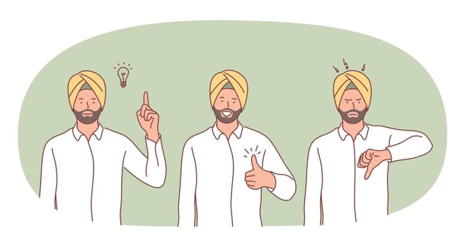Idea, innovation, positive and negative solution concept. Young indian businessman standing showing one finger meaning having great idea for business startup and expressing negative and positive