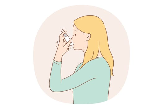 Asthma and inhaler concept. Young woman asthmatic using spray inhaler for preventing disease attacks and normal breathing. Respiratory, illness, drug. medicine. healthcare illustration