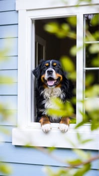 The dog wants to go for a walk. Scottish mountain dog looks out the window of the house. In the yard, there are fresh spring foliage on the trees. High quality photo