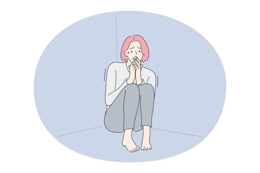 Depression, tears, grief concept. Young unhappy girl cartoon character sitting on floor in room corner and feeling depressed with something vector illustration
