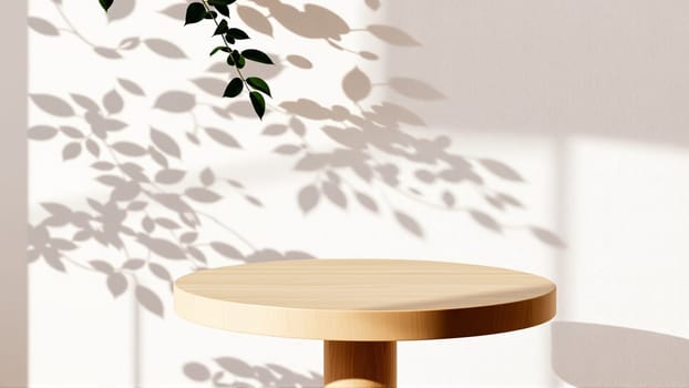 A simple wooden table with a round top filled with a coating that provides sunlight. The delicate shadows of leafy branches play on the textured cream wall in the background. High quality photo