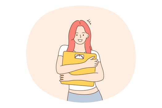 Healthy lifestyle, diet, weight loss concept. Young happy woman cartoon character standing holding weight scales in hands and feeling positive with slimming and getting perfect body shape