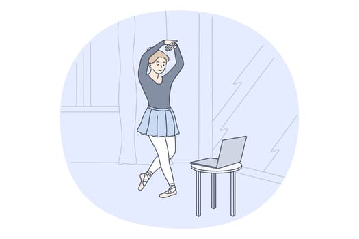 Online workout, ballet, dance concept. Young happy woman ballerina cartoon character exercising and practicing ballet at home with laptop and distant lesson on screen