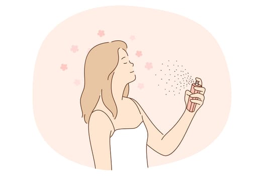 Beauty, cosmetics, home skincare concept. Young smiling woman cartoon character using facial spray or perfume water for feeling fresh vector illustration. Dermatology, cosmetology