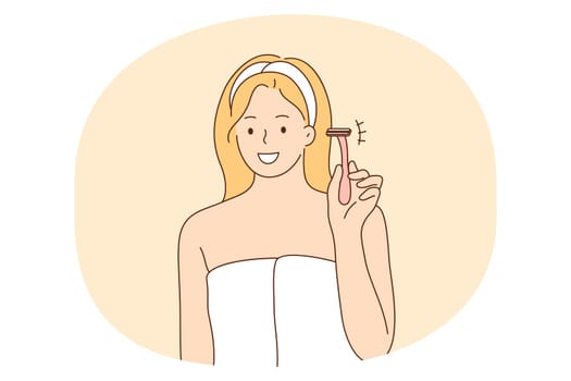 Beauty procedure, cosmetics, home skincare concept. Young smiling woman cartoon character using shaver for having smooth skin at home vector illustration. Dermatology, cosmetology