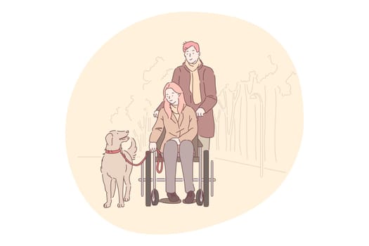 Disabled people on wheelchair living happy active lifestyle concept. Smiling young disabled woman cartoon character in wheelchair walking dog outdoors in park with loving boyfriend behind