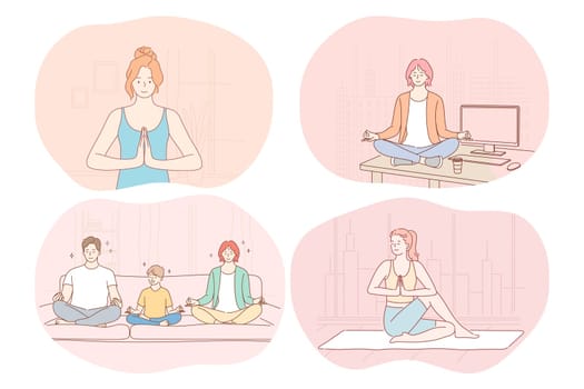 Yoga, relaxation, meditation, healthy active sport lifestyle concept. Young people families, men, women practicing yoga and meditating at home or in office during break. Fitness, relax, harmony, peace