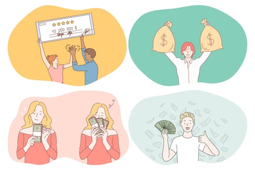 Money, wealth, jackpot concept. Young happy people cartoon characters holding check for big amount of money, sacks with cash, heaps ob banknotes and earning good salary. Cash finance savings