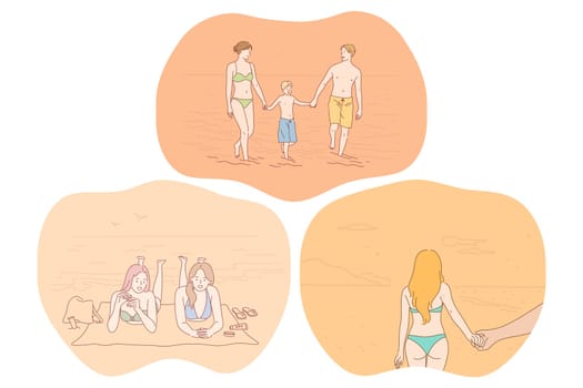 Beach, rest, relax, summer, seashore, leisure, travel concept. People cartoon characters traveling with family on sea, sunbathing on sand, wearing bikini on beach, enjoying summer. Tourism, vacations