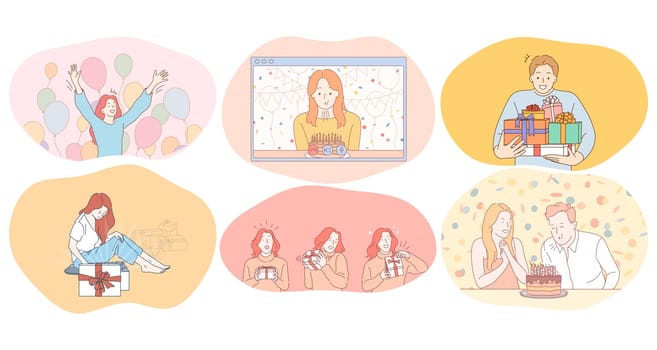 Birthday present, celebration and holiday party concept. Happy people celebrating holiday, congratulating online, giving birthday presents, opening festive boxes and lowing out candles on cake