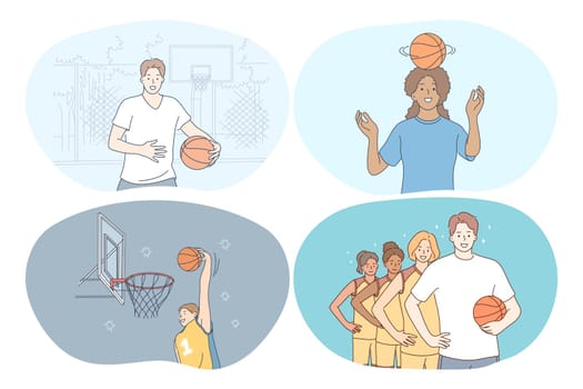 Basketball, sport, team competition concept. Young girls and boys basketball players training, jumping with slam dunk, training ball skills and competing in championships vector illustration