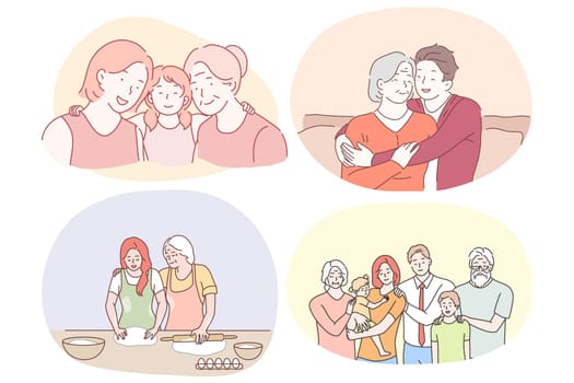 Grandmother and grandchild, happy family with grandparents concept. Happy smiling grandparents helping children in cooking, feeling love from relatives and making family photo together illustration