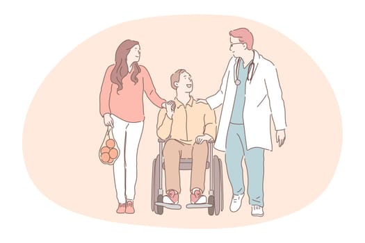 Disabled people on wheelchair living happy active lifestyle concept. Smiling positive young man cartoon character in wheelchair communicating with his doctor and girlfriend walking nearby