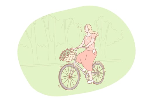 Riding bicycle in summer concept. Young smiling woman cartoon character in dress enjoying going on bicycle and listening to music in park in summer. Transportation, leisure, entertainment