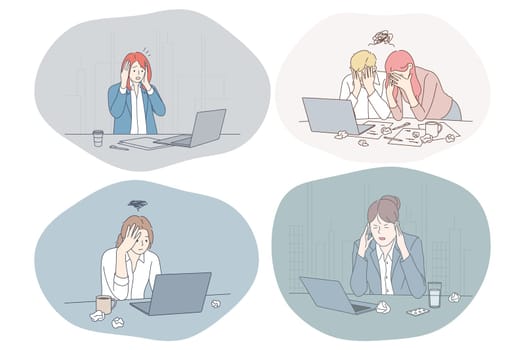 Stress, overwork, exhaustion, depression, overload concept. Unhappy depressed young people office workers sitting in office with laptops and many tasks and feeling stressed and tired illustration