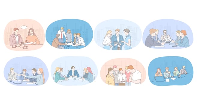 Communication, business, teamwork, brainstorming, presentation, agreement concept. Business people partners coworkers cartoon characters discussing projects, having brainstorming, negotiating