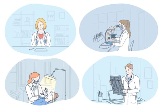 X-ray in medicine, dentistry, laboratory, surgery concept. People doctors holding x-ray image of spine, making shot of teeth, working in lab and holding heart as symbol of health in medical clinic