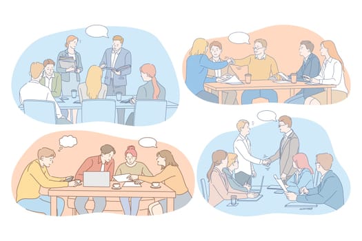 Negotiations, brainstorming, teamwork, cooperation, business, development, success concept. Young business people partners coworkers cartoon characters discussing projects in office and making deals