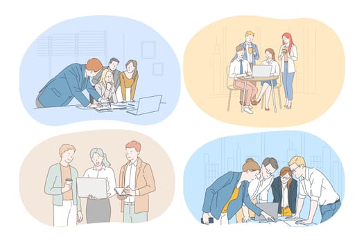 Brainstorming, Teamwork, business, office, negotiations, collaboration concept. Young business people partners coworkers cartoon characters discussing projects together in office, communicating