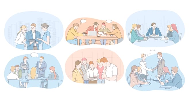 Teamwork, brainstorming, negotiations, meeting, business partners concept. Business people office workers discussing projects and startups together, having brainstorming, making agreement