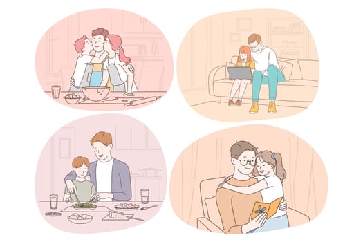 Family care, fatherhood, childhood, reading, leisure concept. Man father daddy coach parent playing with son and daughter reading eating cooking drawing together. Fathers day, love, care, dad