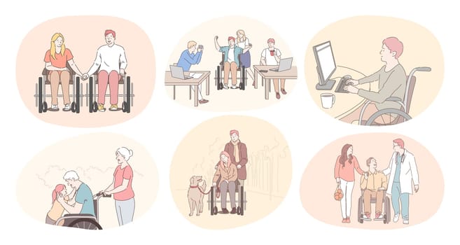 Disabled people on wheelchair living happy active lifestyle concept. Young disabled men and women on wheelchairs dating, meeting friends, working in office, walking pets, enjoying time with family