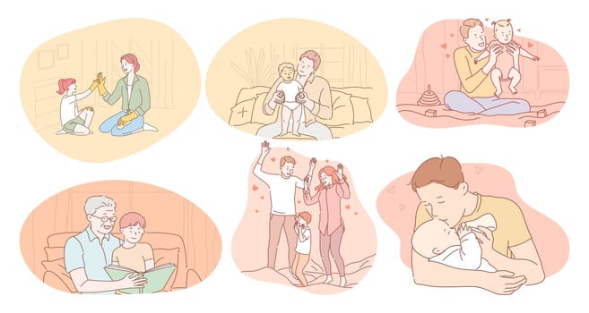 Happy family, parenthood, children concept. Young happy parents and grandparents cartoon characters playing with children and grandchildren and having fun together. Togetherness, happiness, couple